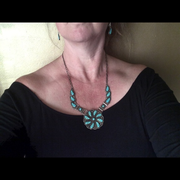 VINTAGE STERLING SILVER TURQUOISE NECKLACE EARRING - Picture 3 of 8